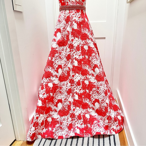 JOVANI Red and White Print Backless A-Line Evening Gown - Picture 9 of 16
